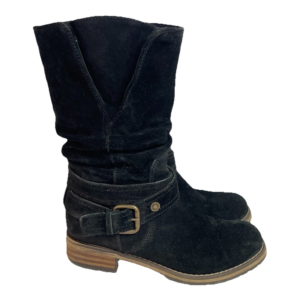Clark's Riding Boots Women's 6.5 Black Suede Slip On Buckle Ruched Goth Cowboy - Picture 4 of 16
